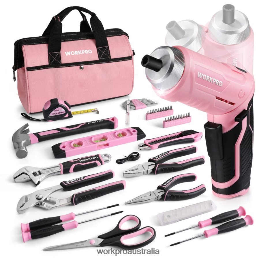 WORKPRO 55 Pcs Tools Set 37V Rotatable Cordless Screwdriver and Household Tool Kit D4R0VT264 Tool Pink