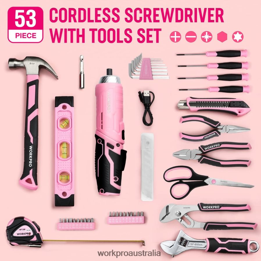 WORKPRO 55 Pcs Tools Set 37V Rotatable Cordless Screwdriver and Household Tool Kit D4R0VT264 Tool Pink