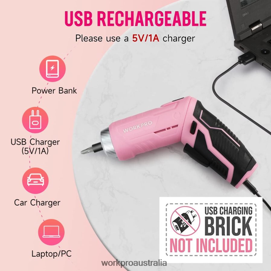 WORKPRO 55 Pcs Tools Set 37V Rotatable Cordless Screwdriver and Household Tool Kit D4R0VT264 Tool Pink