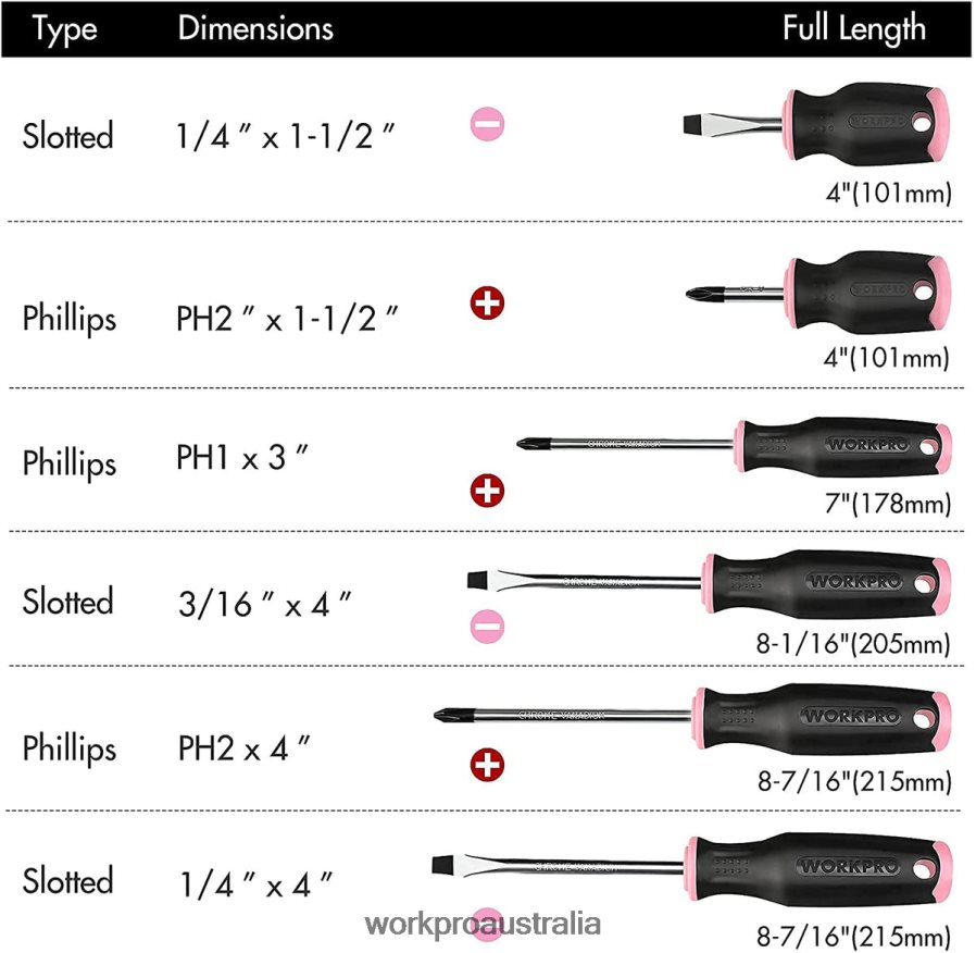 WORKPRO 6 Pcs Magnetic Screwdrivers Set D4R0VT244 Tool Pink