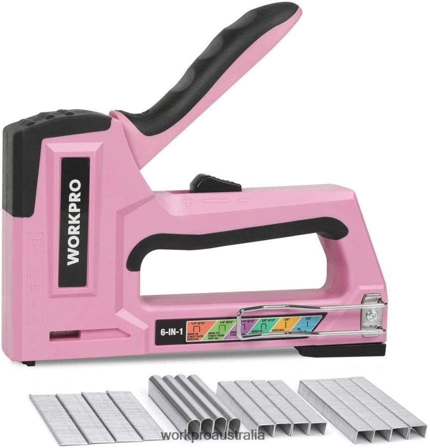 WORKPRO 6-in-1 Manual Brad Nailer Upholstery Stapler Nail Gun D4R0VT59 Tool Pink/Grey