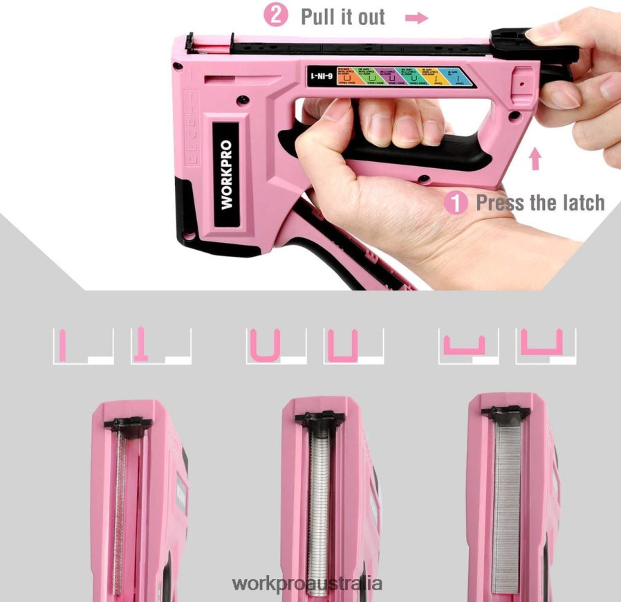 WORKPRO 6-in-1 Manual Brad Nailer Upholstery Stapler Nail Gun D4R0VT59 Tool Pink/Grey