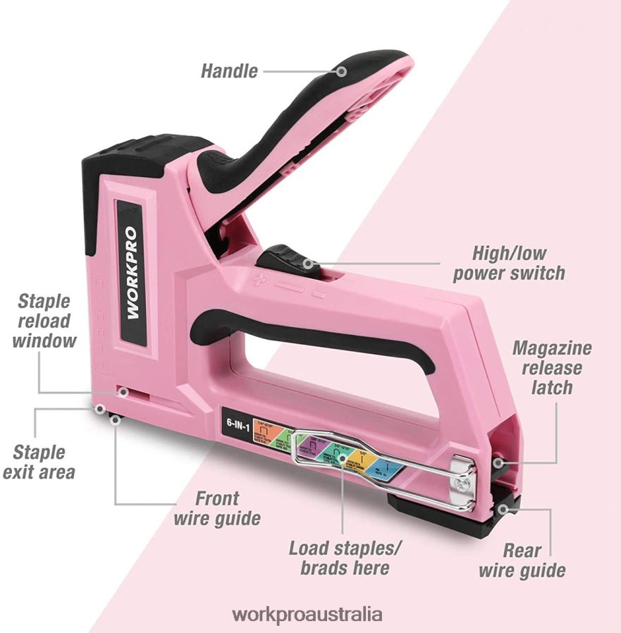 WORKPRO 6-in-1 Manual Brad Nailer Upholstery Stapler Nail Gun D4R0VT59 Tool Pink/Grey
