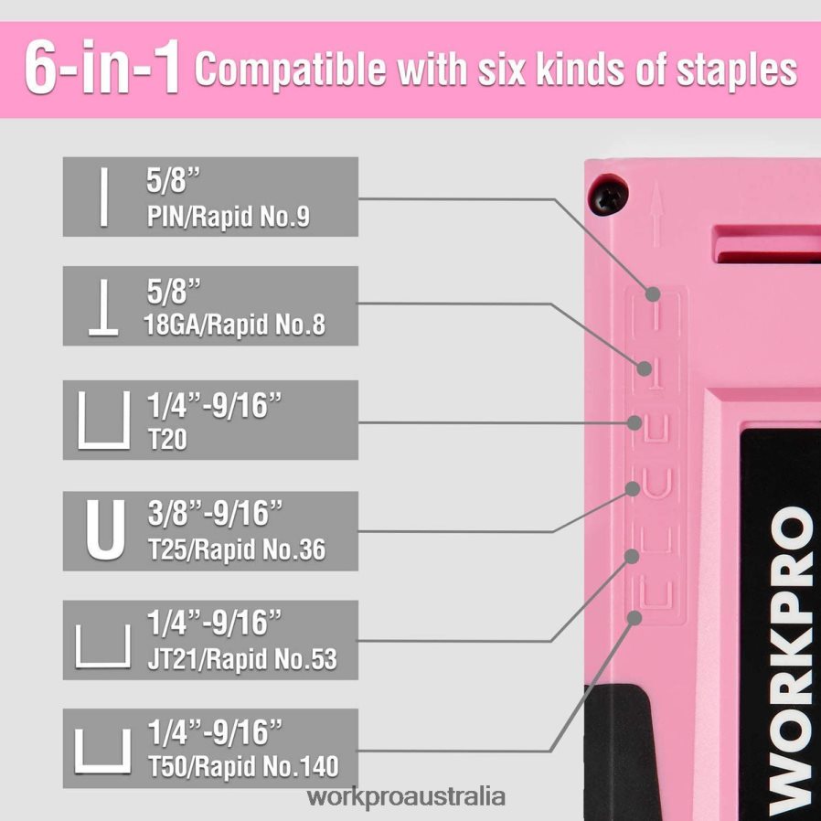 WORKPRO 6-in-1 Manual Brad Nailer Upholstery Stapler Nail Gun D4R0VT59 Tool Pink/Grey
