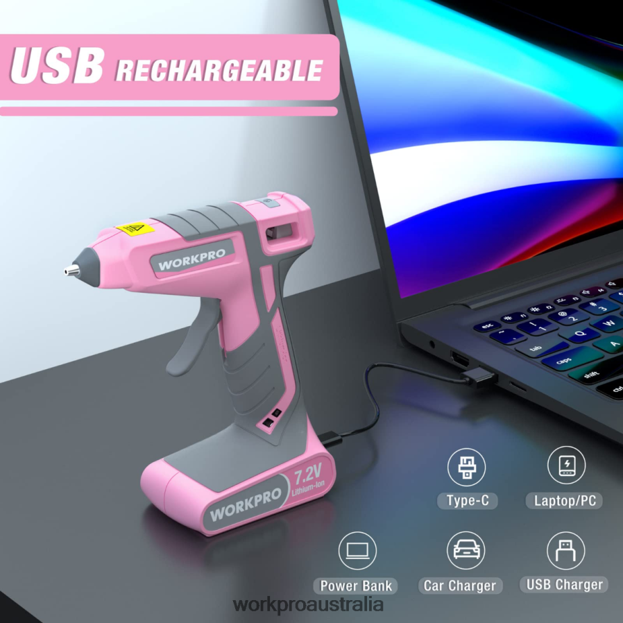 WORKPRO 72V Cordless Hot Melt Glue Gun Kit D4R0VT164 Tool Pink/White
