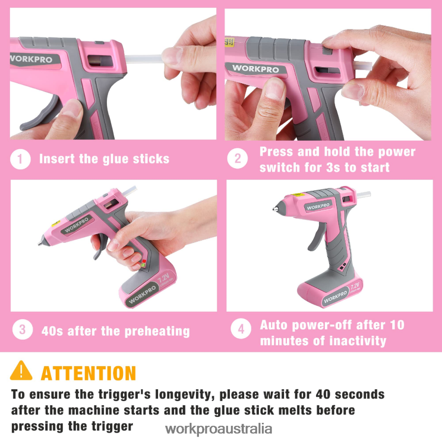 WORKPRO 72V Cordless Hot Melt Glue Gun Kit D4R0VT164 Tool Pink/White