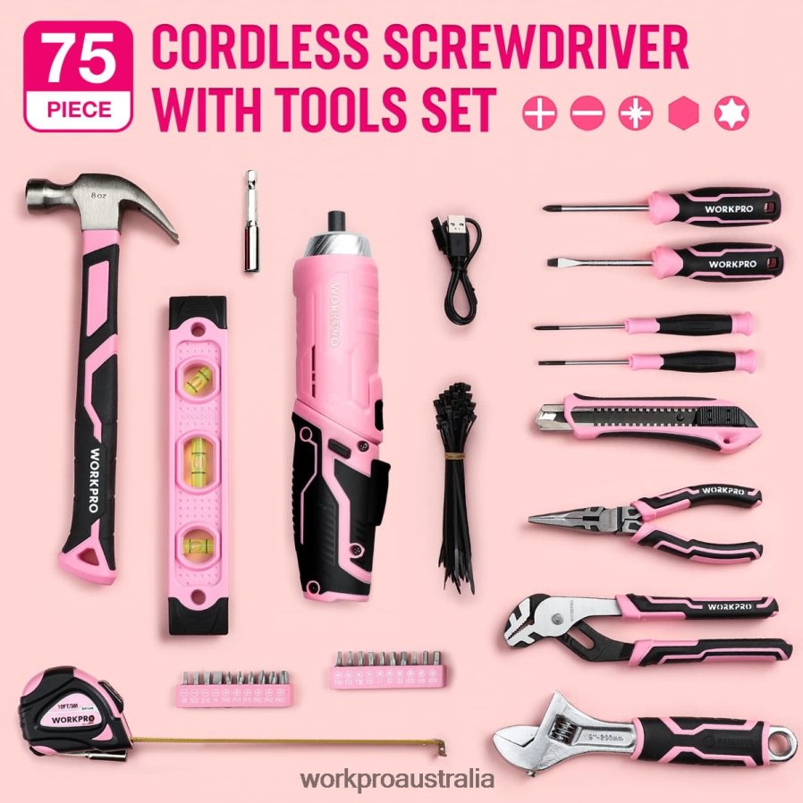 WORKPRO 75 Pcs Tools Set 37V Rotatable Cordless Screwdriver and Household Tool Kit D4R0VT260 Tool Pink
