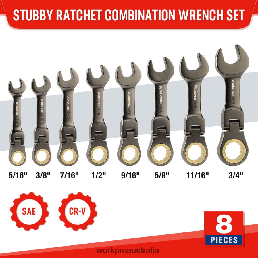WORKPRO 8 Pcs Flex-Head Stubby Ratcheting Combination Wrench Set D4R0VT82 Tool New