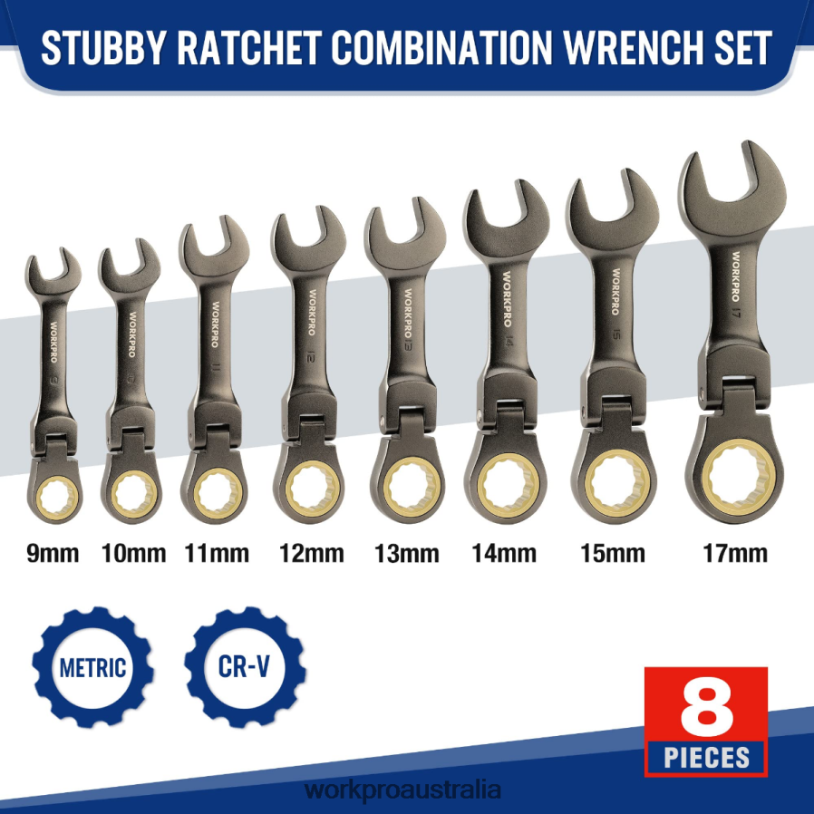 WORKPRO 8 Pcs Flex-Head Stubby Ratcheting Combination Wrench Set D4R0VT82 Tool New