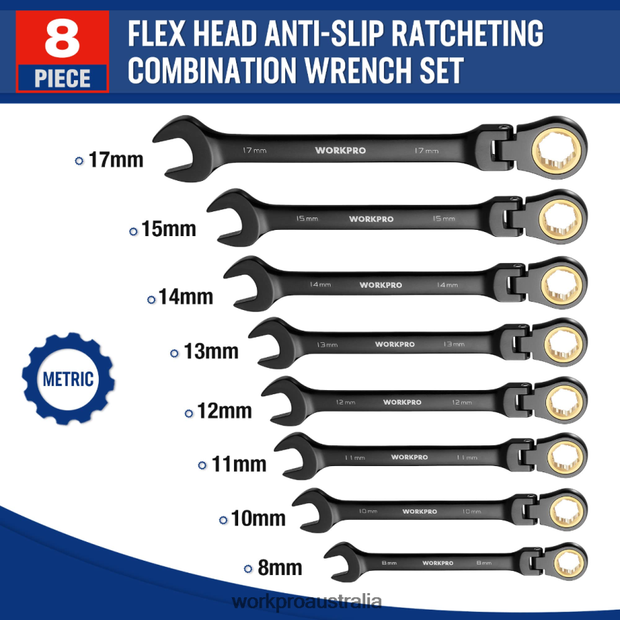 WORKPRO 8 Pcs Ratcheting Combination Flex-Head Anti-Slip Wrench Set D4R0VT80 Tool Morden