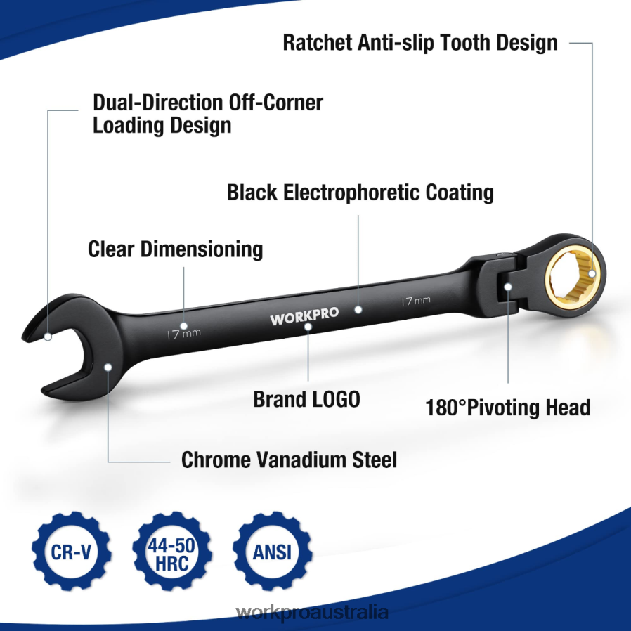 WORKPRO 8 Pcs Ratcheting Combination Flex-Head Anti-Slip Wrench Set D4R0VT80 Tool Morden