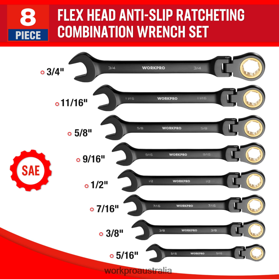 WORKPRO 8 Pcs Ratcheting Combination Flex-Head Anti-Slip Wrench Set D4R0VT80 Tool Morden