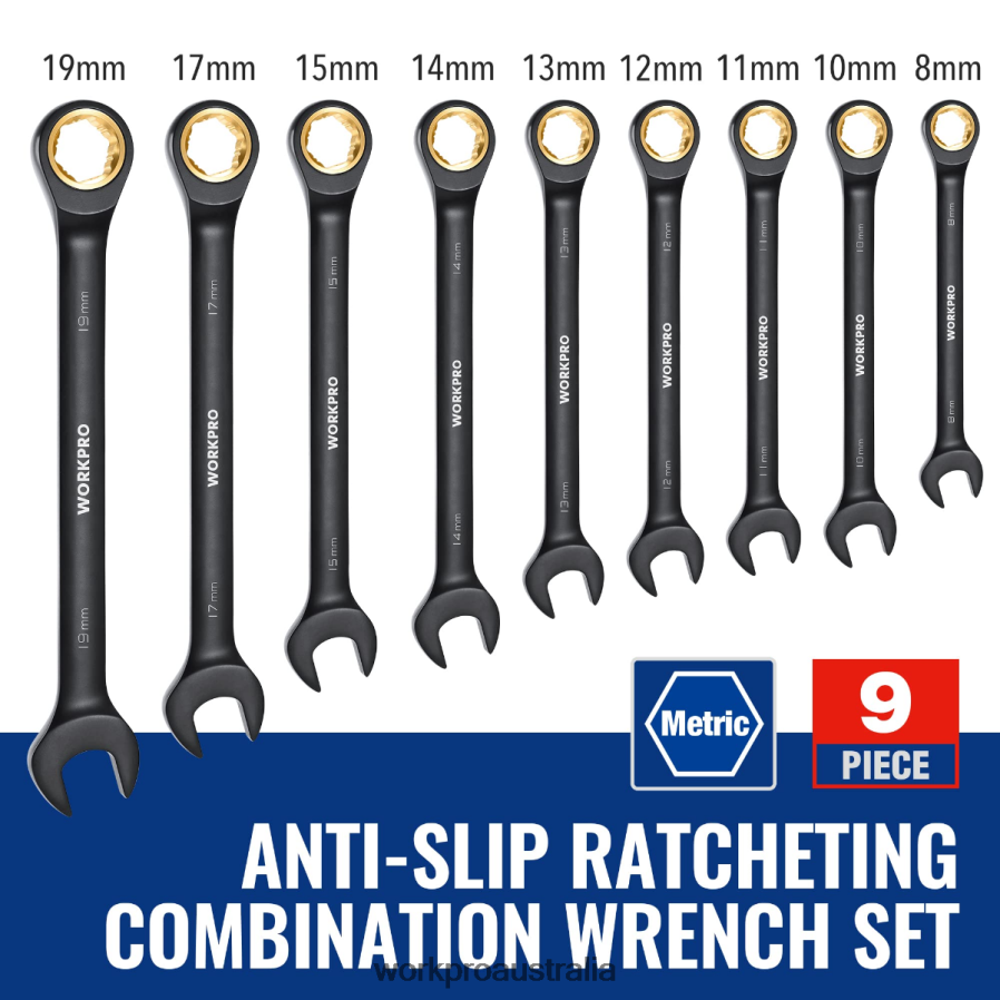 WORKPRO 9 Pcs Anti-Slip Ratcheting Combination Wrench Set D4R0VT88 Tool Black