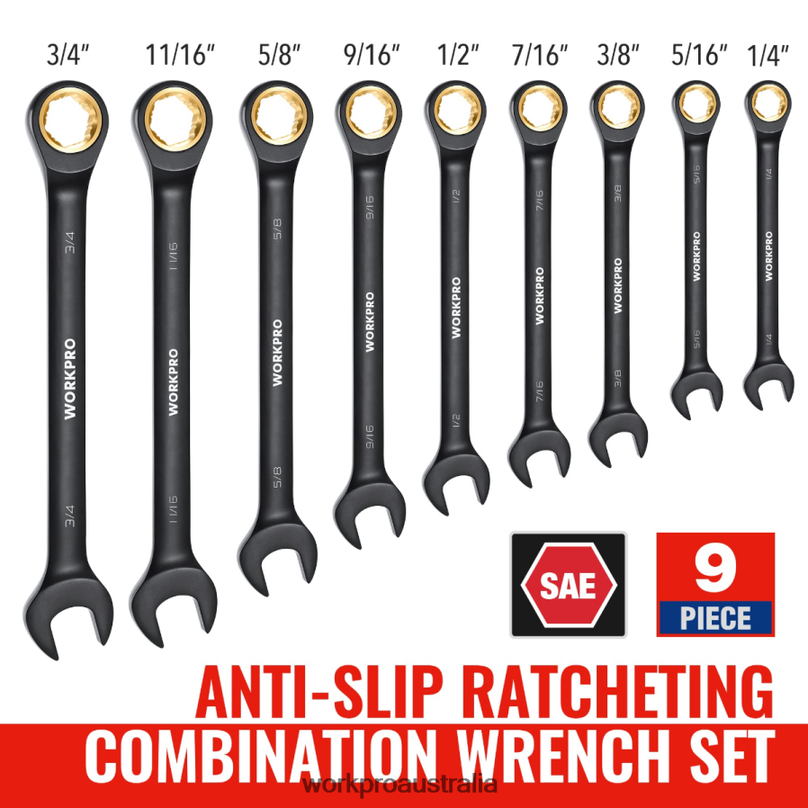 WORKPRO 9 Pcs Anti-Slip Ratcheting Combination Wrench Set D4R0VT88 Tool Black