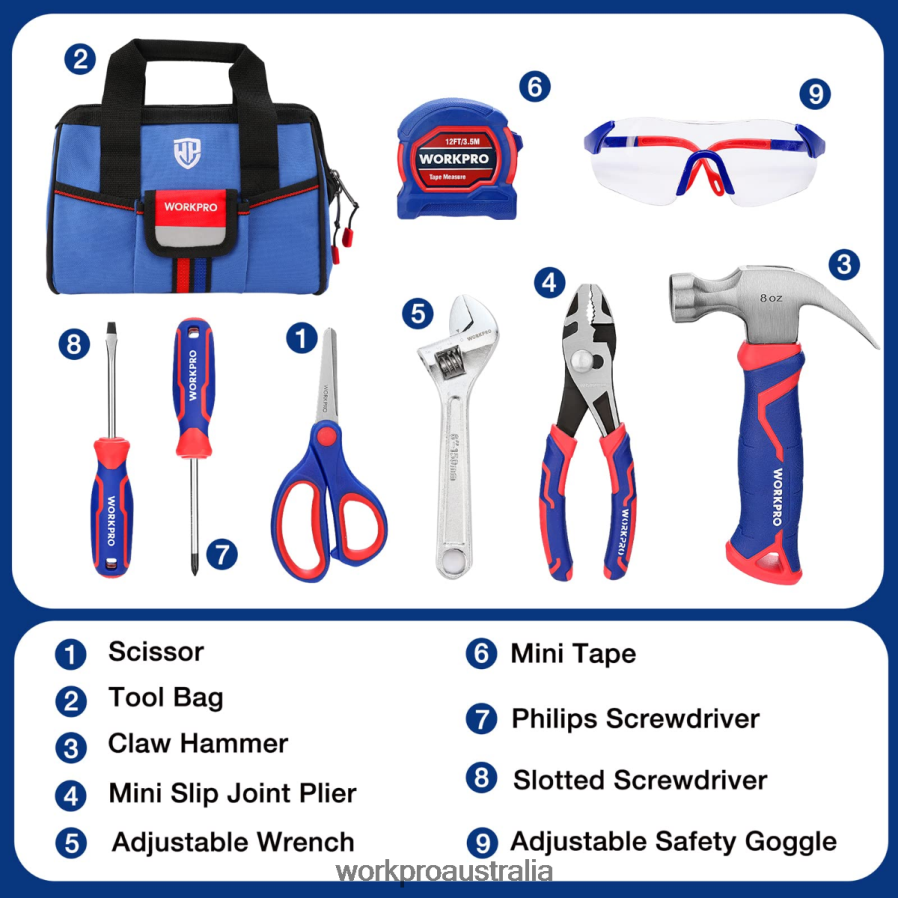WORKPRO 9 Pcs Kids Junior Tool Set with Tool Bag D4R0VT253 Tool Pink/Blue
