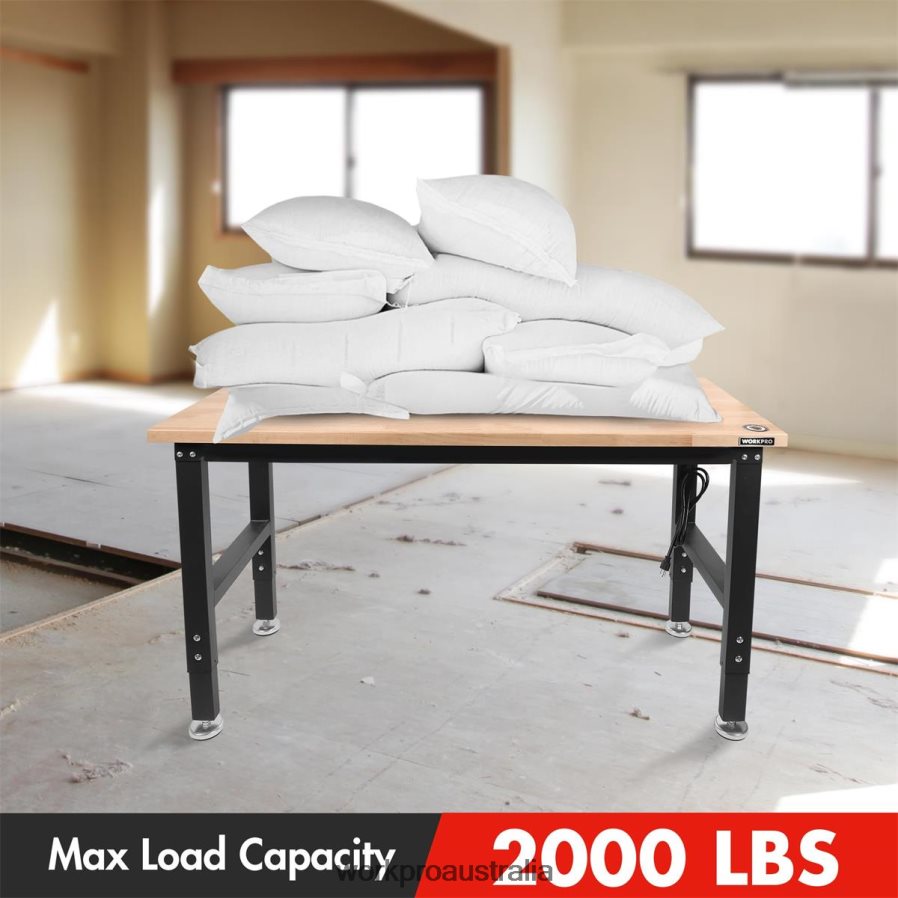 WORKPRO Adjustable Workbench 2000 LBS Load Capacity Hardwood Worktable with Power Outlets D4R0VT1 Storage Helpful