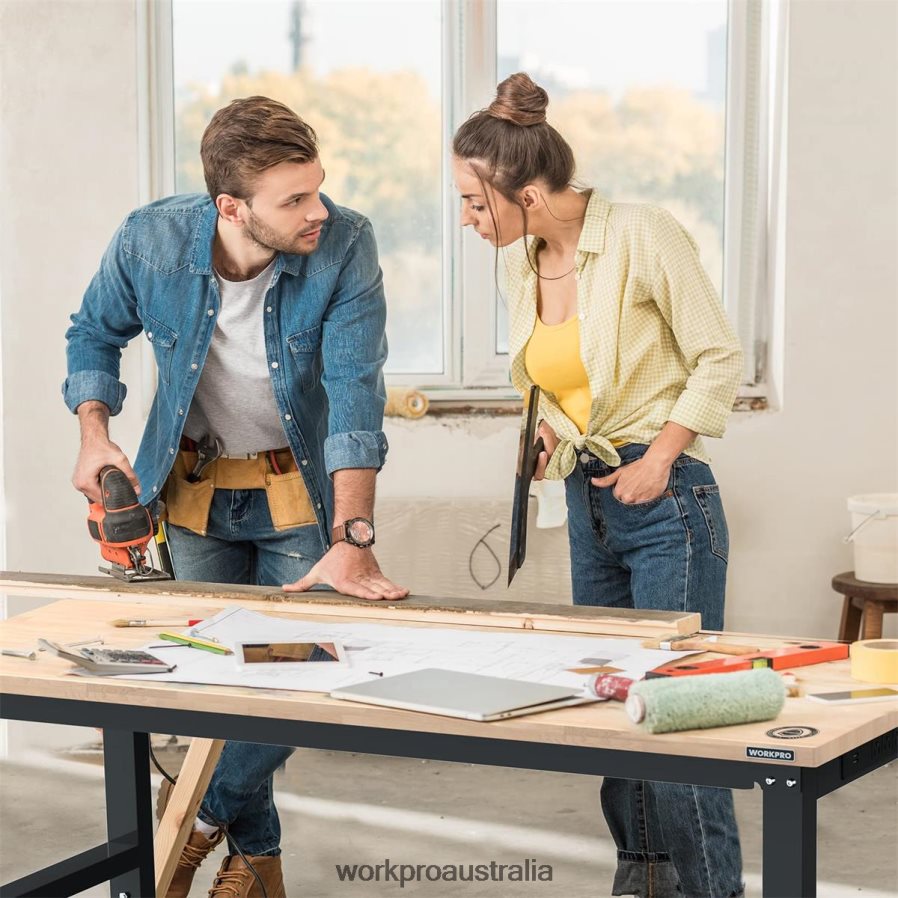 WORKPRO Adjustable Workbench 2000 LBS Load Capacity Hardwood Worktable with Power Outlets D4R0VT1 Storage Helpful