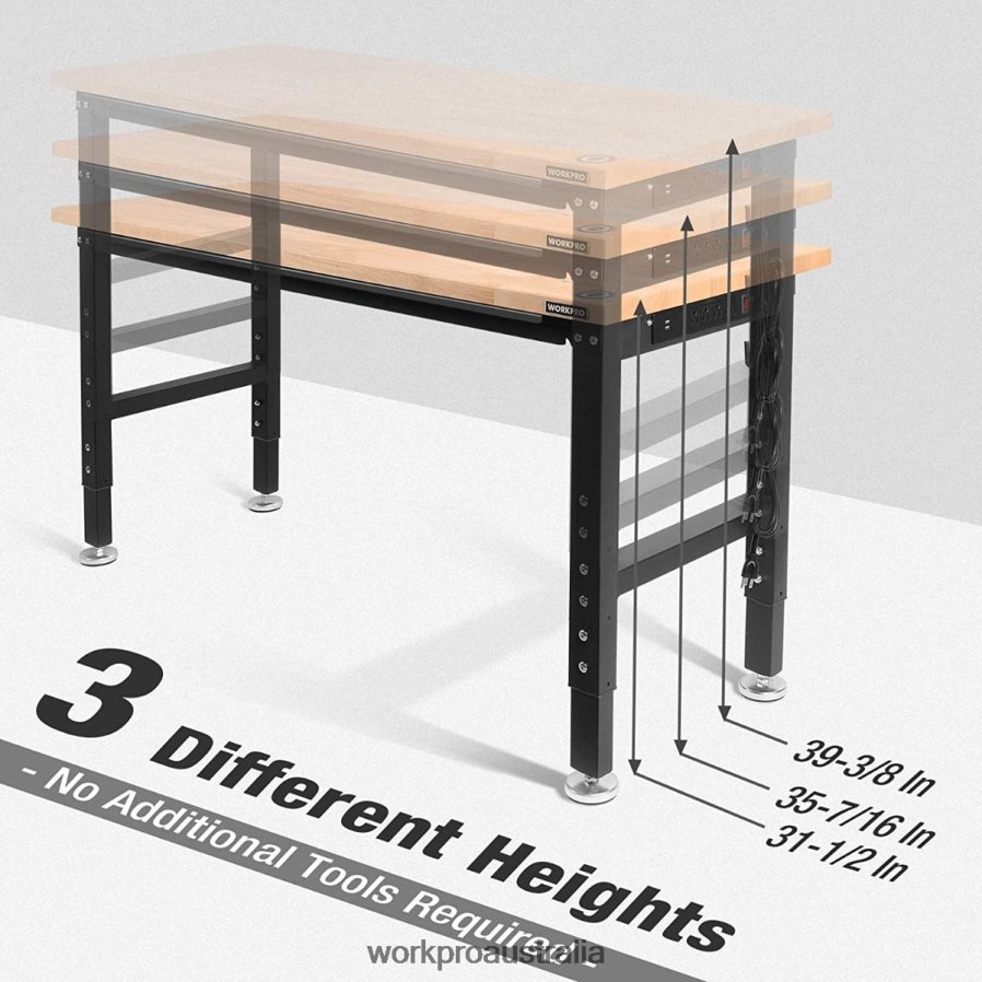 WORKPRO Adjustable Workbench 2000 LBS Load Capacity Hardwood Worktable with Power Outlets D4R0VT1 Storage Helpful