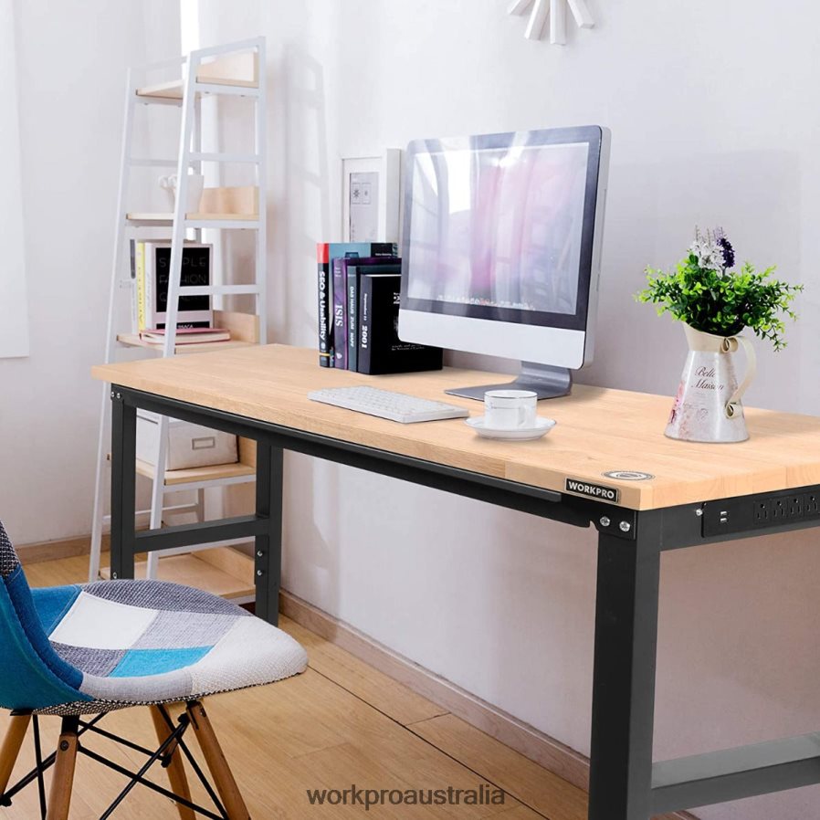 WORKPRO Adjustable Workbench 2000 LBS Load Capacity Hardwood Worktable with Power Outlets D4R0VT1 Storage Helpful