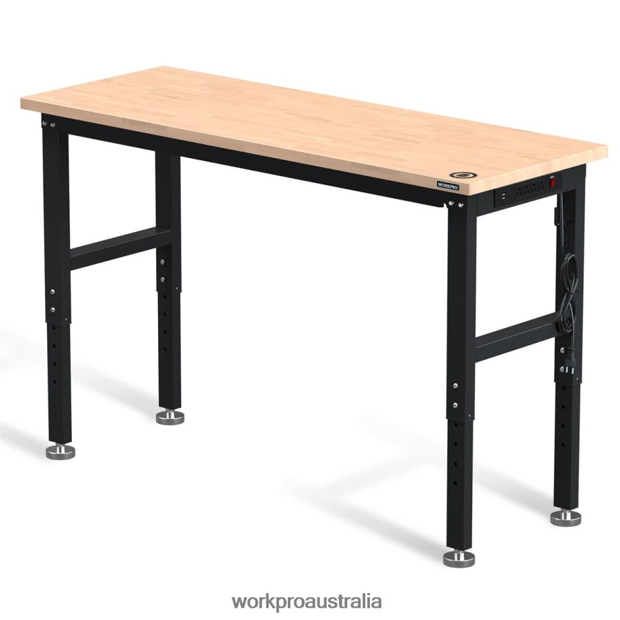WORKPRO Adjustable Workbench 2000 LBS Load Capacity Hardwood Worktable with Power Outlets D4R0VT1 Storage Helpful
