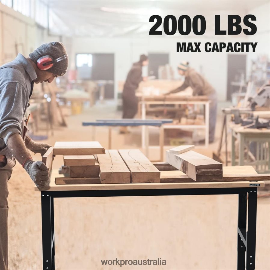 WORKPRO Adjustable Workbench 2000 LBS Load Capacity Hardwood Worktable with Power Outlets D4R0VT1 Storage Helpful