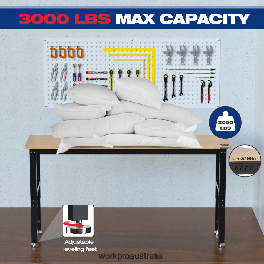 WORKPRO Adjustable Workbench 3000 LBS Load Capacity Hardwood Worktable with Power Outlets D4R0VT4 Storage Useful
