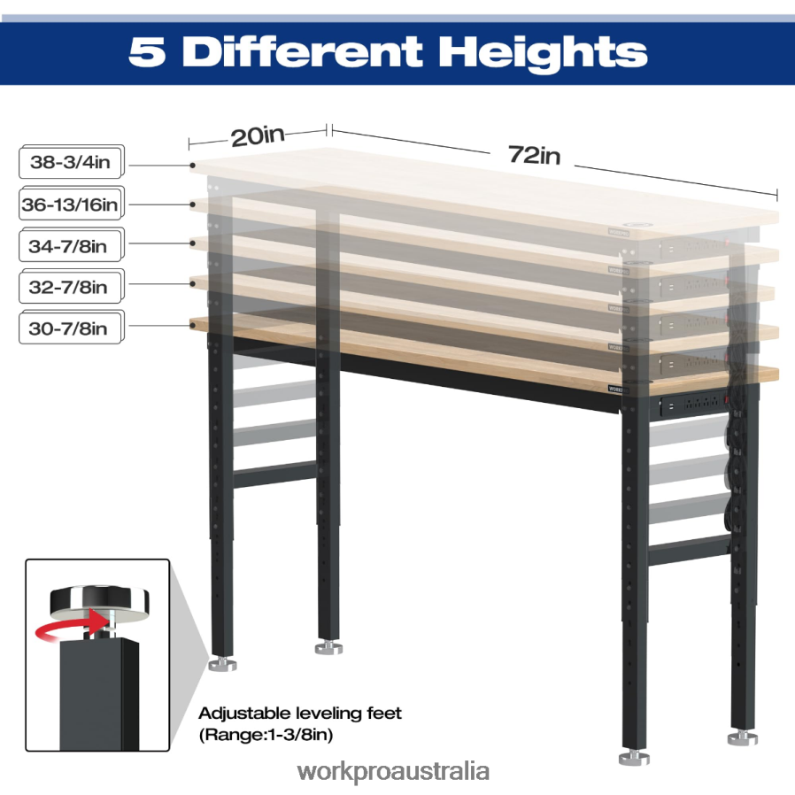 WORKPRO Adjustable Workbench 3000 LBS Load Capacity Hardwood Worktable with Power Outlets D4R0VT4 Storage Useful