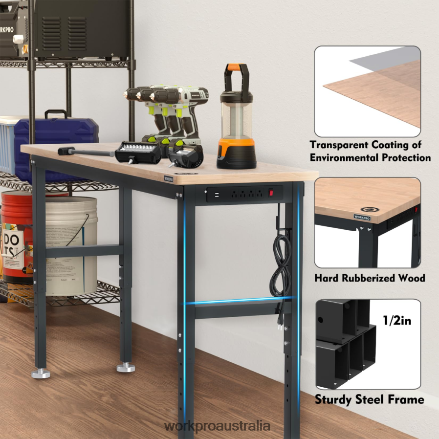 WORKPRO Adjustable Workbench 3000 LBS Load Capacity Hardwood Worktable with Power Outlets D4R0VT4 Storage Useful