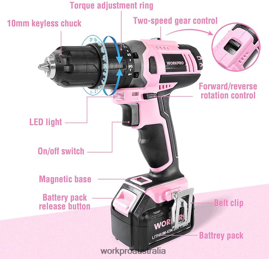WORKPRO Cordless 20V Lithium-ion Drill Driver Set D4R0VT262 Tool Pink