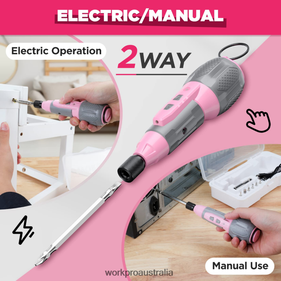 WORKPRO Cordless 4V USB Rechargeable Lithium-ion Battery Screwdriver Kit D4R0VT236 Tool Pink/White