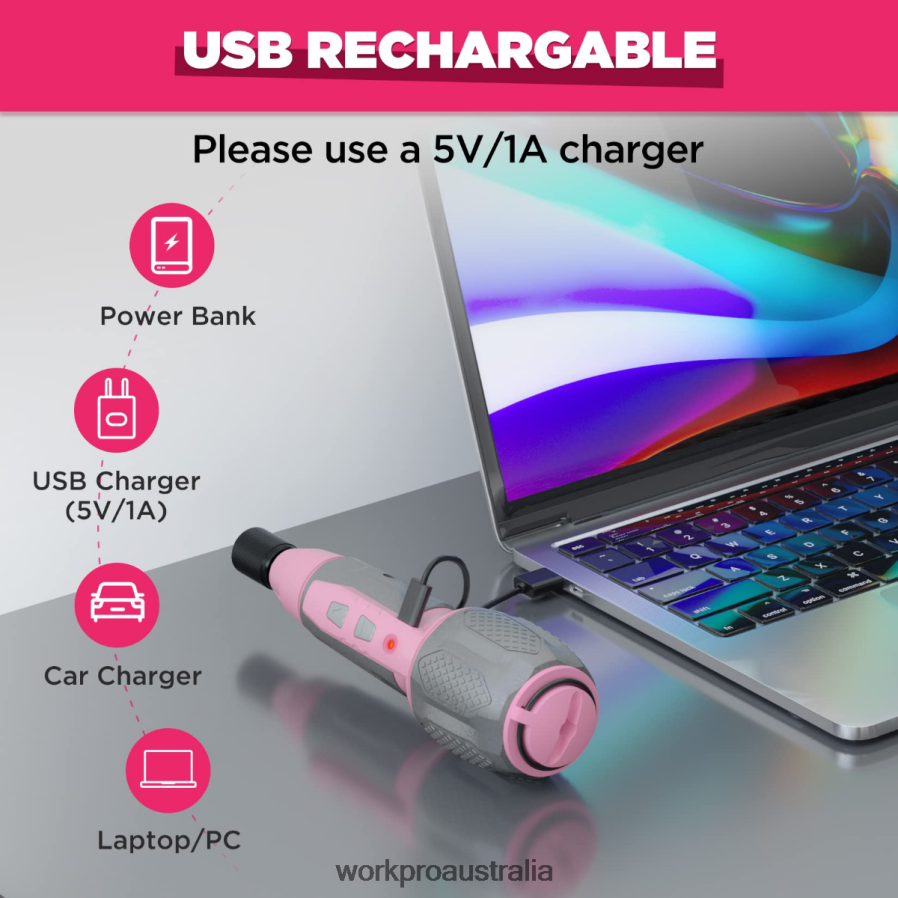 WORKPRO Cordless 4V USB Rechargeable Lithium-ion Battery Screwdriver Kit D4R0VT236 Tool Pink/White