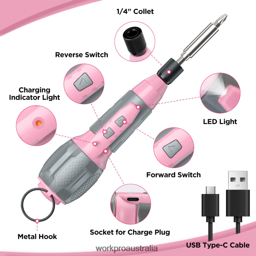 WORKPRO Cordless 4V USB Rechargeable Lithium-ion Battery Screwdriver Kit D4R0VT236 Tool Pink/White