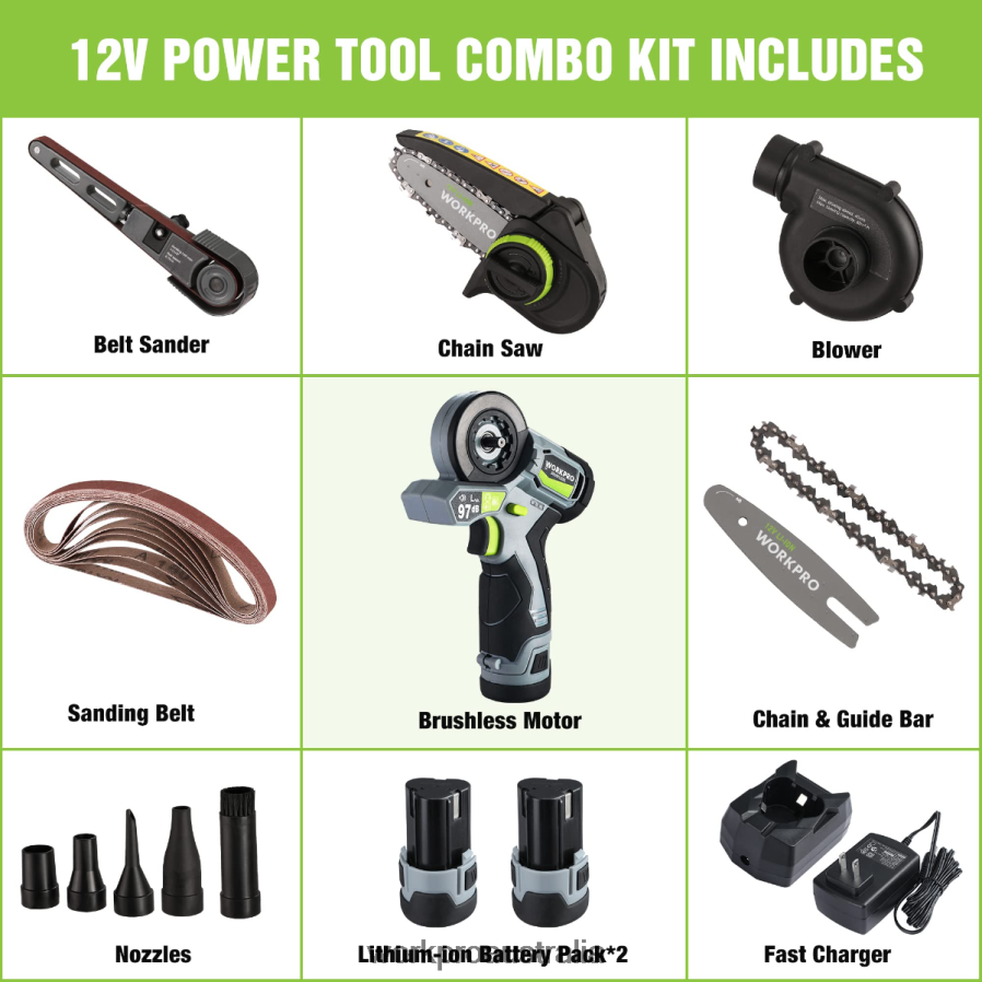 WORKPRO Cordless Detail Belt Sander Mini Chain Saw Electric Blower 3-in-1 Power Tool Combo Kit D4R0VT296 Tool Morden