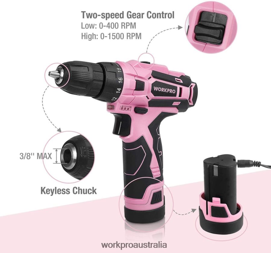 WORKPRO Cordless Drill Driver Set 12V Electric Screwdriver Driver Tool Kit for Women D4R0VT263 Tool Pink