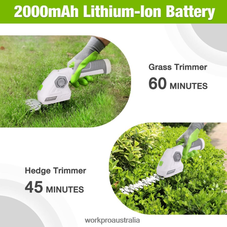 WORKPRO Cordless Grass Shear  Shrubbery Trimmer 2 in 1 Handheld Hedge Trimmer 72V Electric Grass Trimmer Hedge Shears D4R0VT297 Tool Green/White