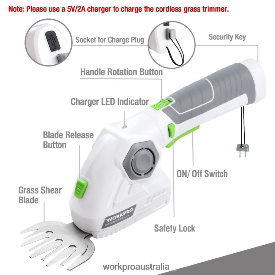 WORKPRO Cordless Grass Shear  Shrubbery Trimmer 2 in 1 Handheld Hedge Trimmer 72V Electric Grass Trimmer Hedge Shears D4R0VT297 Tool Green/White