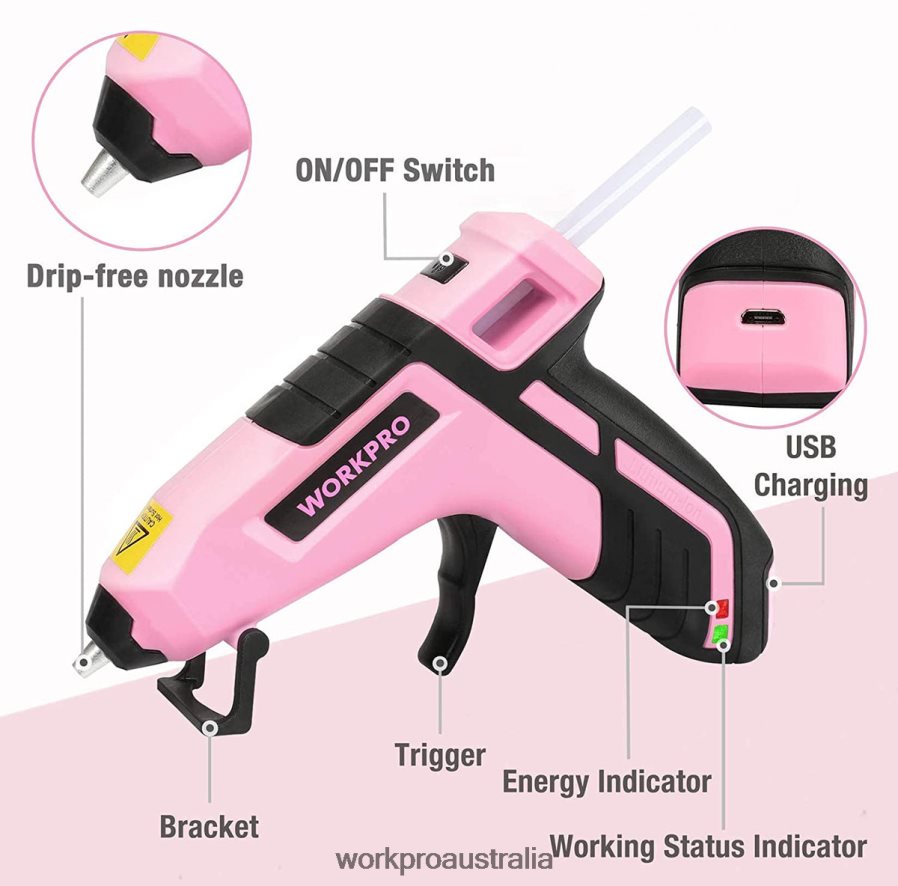 WORKPRO Cordless Melt Fast Preheating Mini Glue Gun with 20 PCS Premium Glue Stick D4R0VT163 Tool Blue/Pink