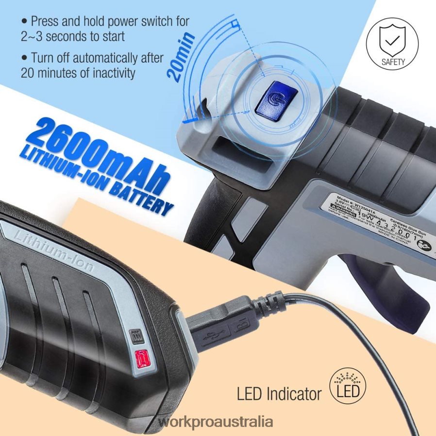 WORKPRO Cordless Melt Fast Preheating Mini Glue Gun with 20 PCS Premium Glue Stick D4R0VT163 Tool Blue/Pink