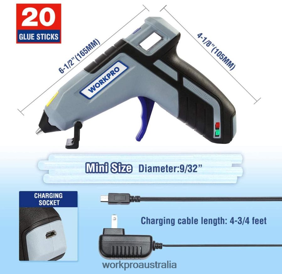 WORKPRO Cordless Melt Fast Preheating Mini Glue Gun with 20 PCS Premium Glue Stick D4R0VT163 Tool Blue/Pink