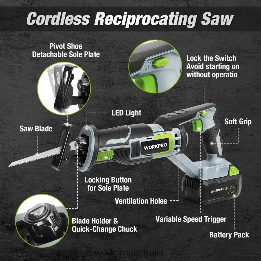 WORKPRO Cordless Reciprocating Saw 4 Saw Blades for Wood  Metal Cutting Included D4R0VT184 Tool New