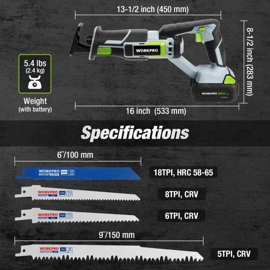 WORKPRO Cordless Reciprocating Saw 4 Saw Blades for Wood  Metal Cutting Included D4R0VT184 Tool New