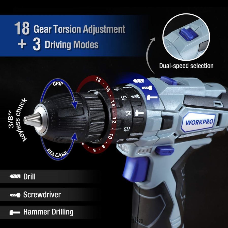 WORKPRO Face Clamp  12V Cordless Drill and Home Tool Kit  10 Pcs Pro Spade Drill Bit Set  4-in-1 Staple Gun Heavy-Duty D4R0VT318 Tool Useful