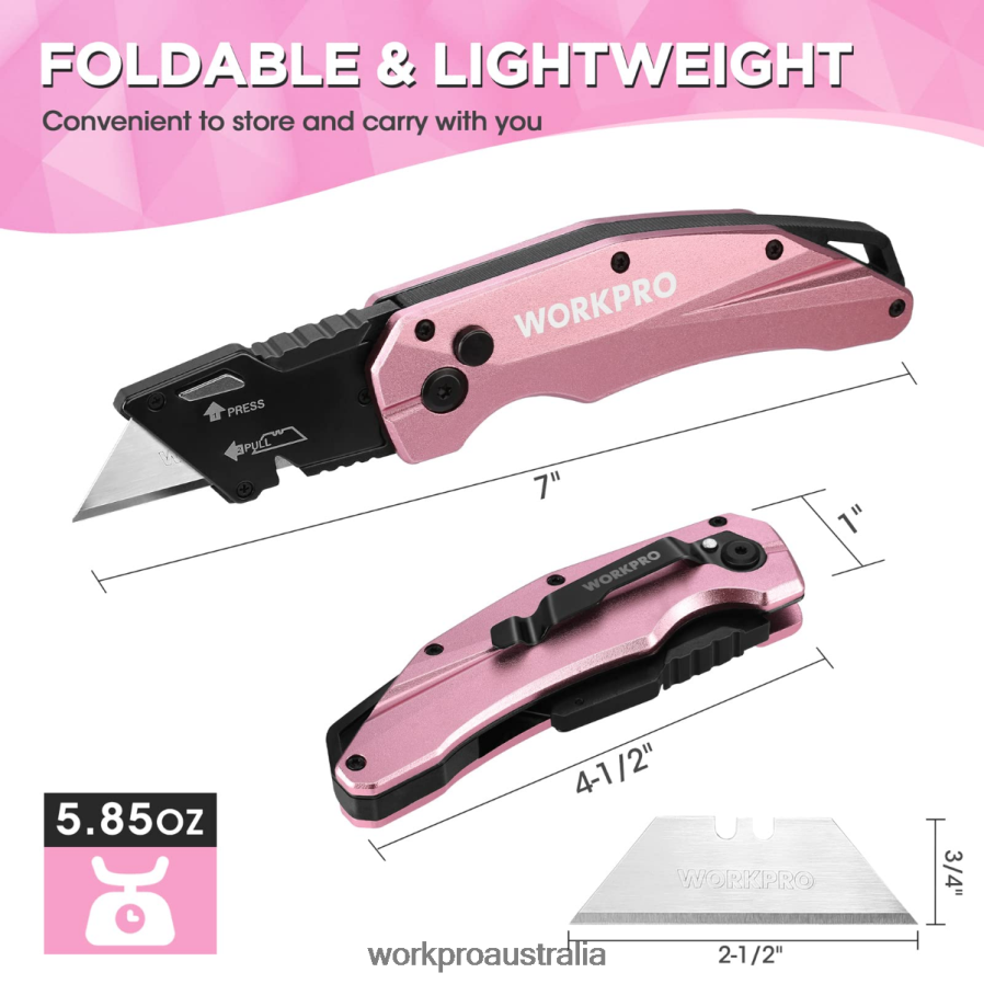 WORKPRO Folding Aluminum Utility Knife 10 Extra Blades Include D4R0VT54 Tool Pink