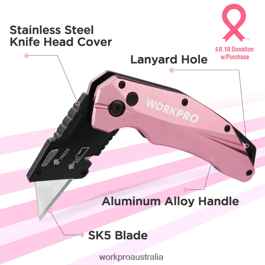 WORKPRO Folding Aluminum Utility Knife 10 Extra Blades Include D4R0VT54 Tool Pink