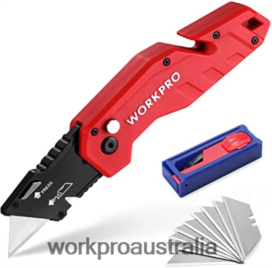 WORKPRO Folding Utility Knife Lightweight Nylon Handle Utility Cutter with 10-piece Extra Blades D4R0VT38 Tool Red/Blue/Black