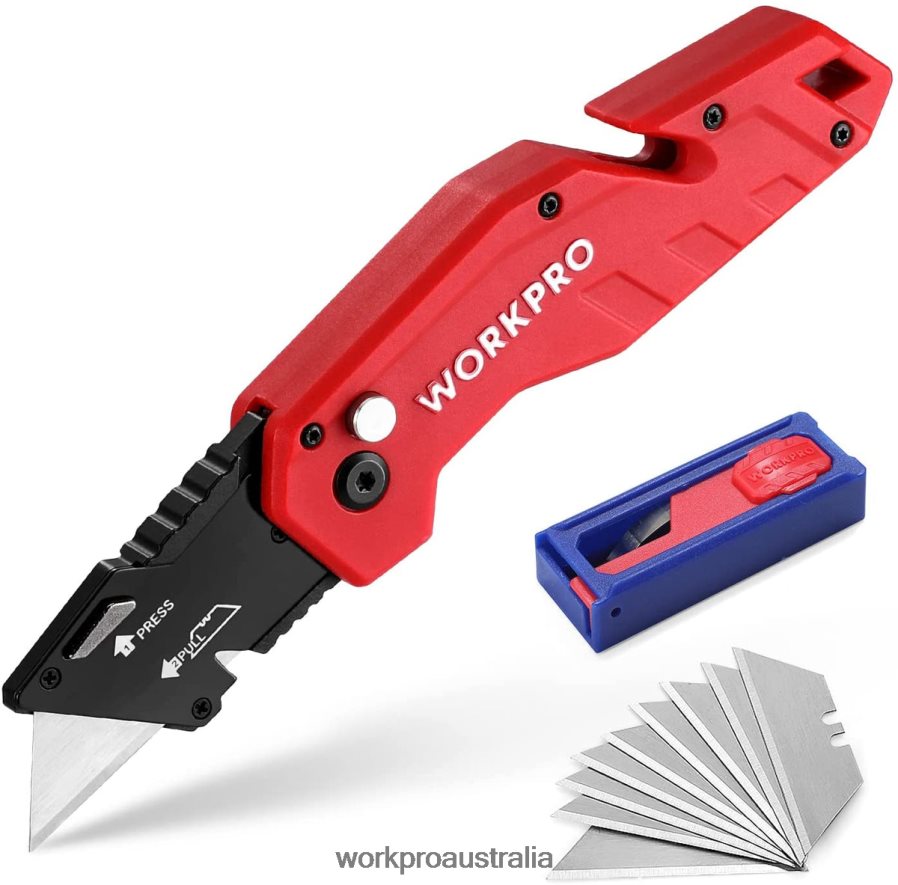 WORKPRO Folding Utility Knife Lightweight Nylon Handle Utility Cutter with 10-piece Extra Blades D4R0VT38 Tool Red/Blue/Black