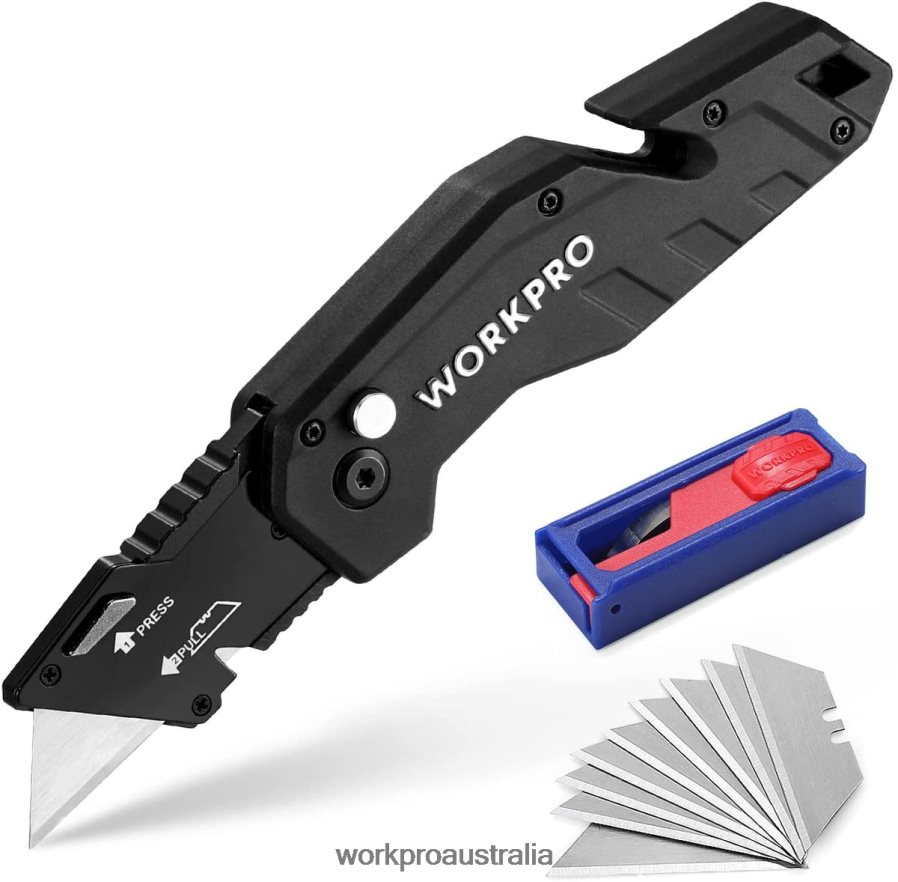 WORKPRO Folding Utility Knife Lightweight Nylon Handle Utility Cutter with 10-piece Extra Blades D4R0VT38 Tool Red/Blue/Black
