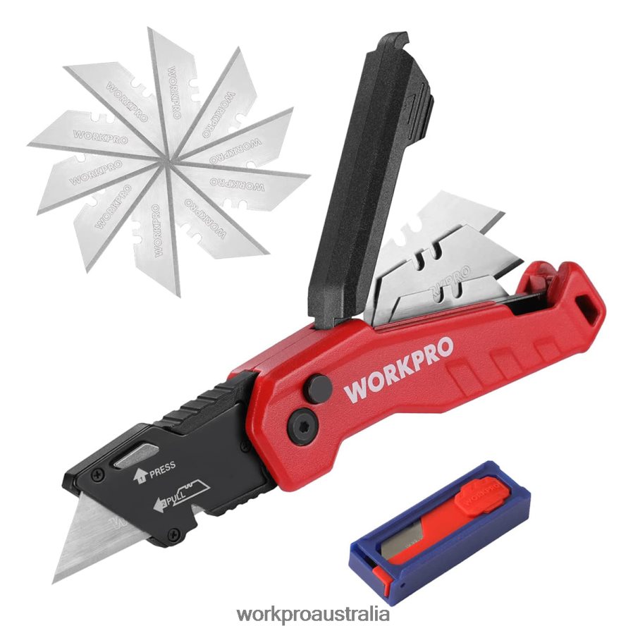 WORKPRO Folding Utility Knife Quick Change Box Cutte 13 Extra Blades Included D4R0VT52 Tool Blue/Red/Pink