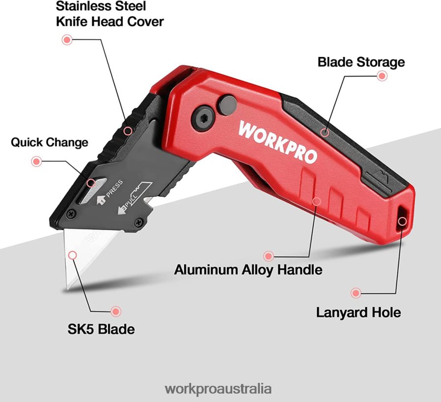 WORKPRO Folding Utility Knife Quick Change Box Cutte 13 Extra Blades Included D4R0VT52 Tool Blue/Red/Pink