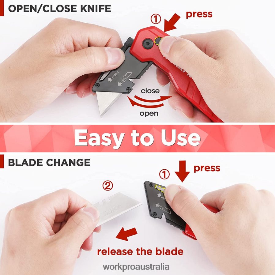 WORKPRO Folding Utility Knife Quick Change Box Cutte 13 Extra Blades Included D4R0VT52 Tool Blue/Red/Pink